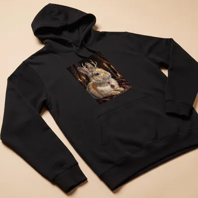 Realistic design of a Royal Jackalope Rabbit wearing a ruby pearl necklace — printed on a unisex hoodie