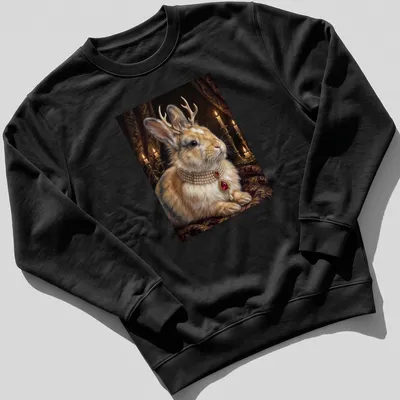 Realistic design of a Royal Jackalope Rabbit wearing a ruby pearl necklace — printed on a unisex sweatshirt