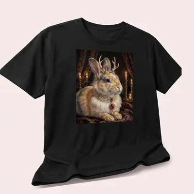 Realistic design of a Royal Jackalope Rabbit wearing a ruby pearl necklace — printed on a unisex t-shirt (angled view)