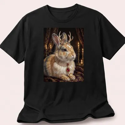 Realistic design of a Royal Jackalope Rabbit wearing a ruby pearl necklace