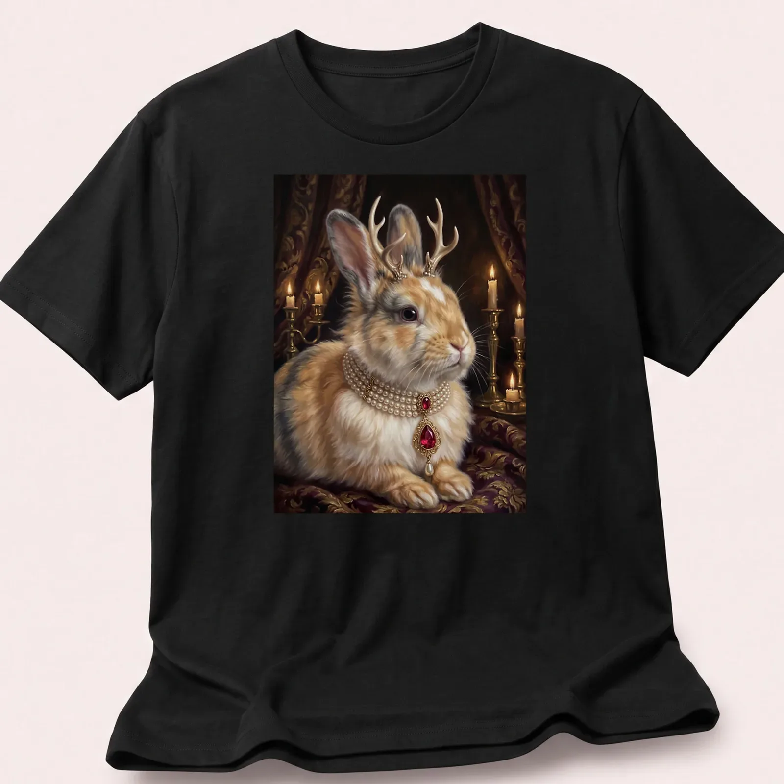Realistic design of a Royal Jackalope Rabbit wearing a ruby pearl necklace — printed on a unisex t-shirt