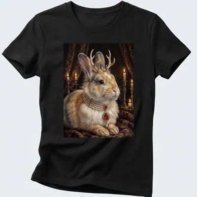 Realistic design of a Royal Jackalope Rabbit wearing a ruby pearl necklace — printed on a women's shirt