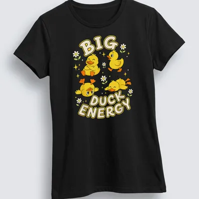 Kawaii cartoon design of rubber duckies with the text Big Duck Energy — printed on a women's shirt