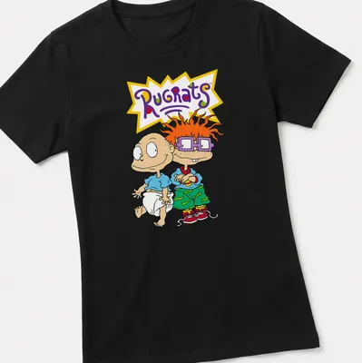 Cartoon print of Rugrats characters Tommy and Chuckie in bright colors — printed on a women's shirt