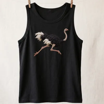 Realistic illustration of an ostrich running in black, white, pink, and beige. — printed on a tank top
