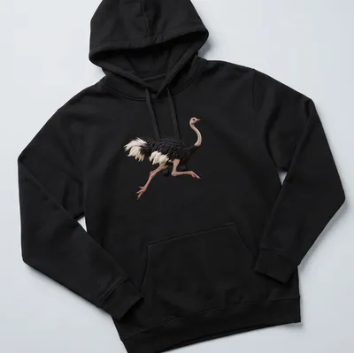 Realistic illustration of an ostrich running in black, white, pink, and beige. — printed on a unisex hoodie