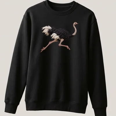 Realistic illustration of an ostrich running in black, white, pink, and beige. — printed on a unisex sweatshirt