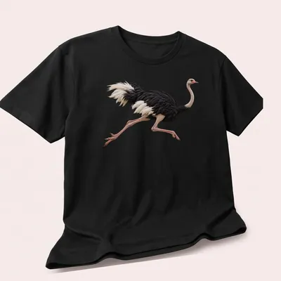 Realistic illustration of an ostrich running in black, white, pink, and beige. — printed on a unisex t-shirt (angled view)