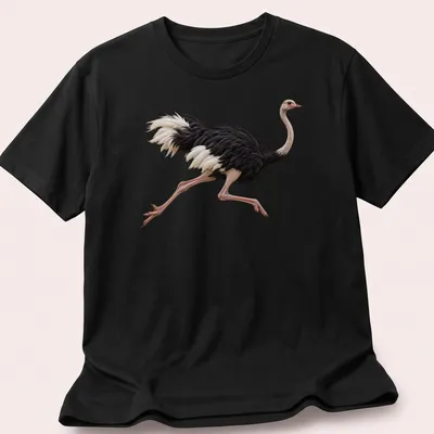 Realistic illustration of an ostrich running in black, white, pink, and beige.