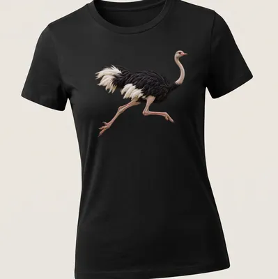 Realistic illustration of an ostrich running in black, white, pink, and beige. — printed on a women's shirt