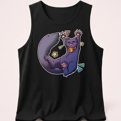 Kawaii cartoon Russian Blue Cat stretching with bold text 'Biiigg Stretch' — printed on a tank top