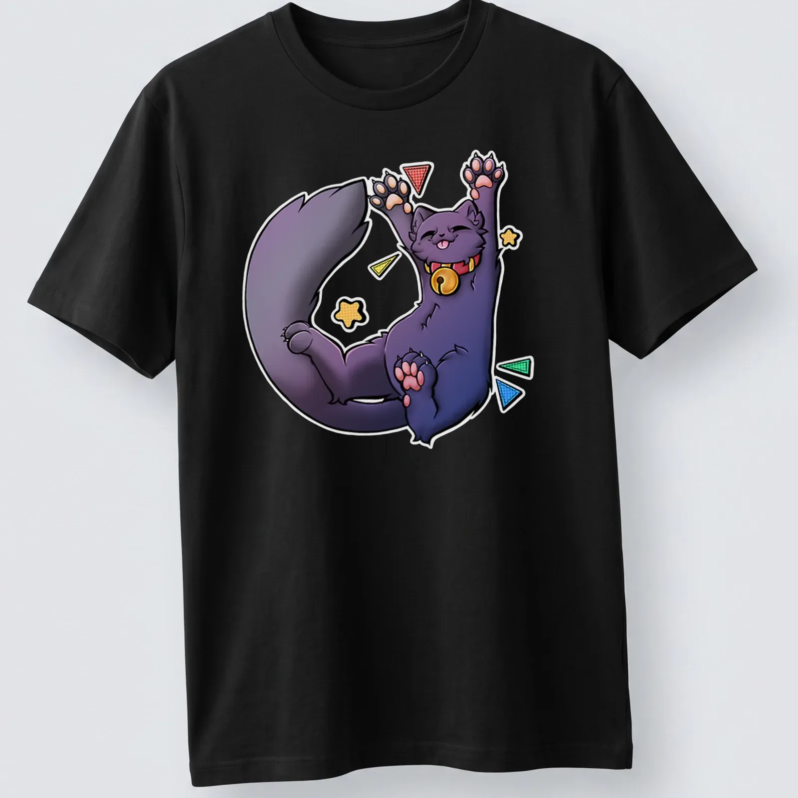 Kawaii cartoon Russian Blue Cat stretching with bold text 'Biiigg Stretch' — printed on a unisex t-shirt
