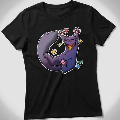 Kawaii cartoon Russian Blue Cat stretching with bold text 'Biiigg Stretch' — printed on a women's shirt