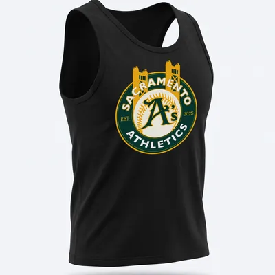 Vintage circular Sacramento A's logo with established year 2025 in green and yellow — printed on a tank top
