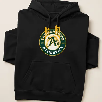 Vintage circular Sacramento A's logo with established year 2025 in green and yellow — printed on a unisex hoodie