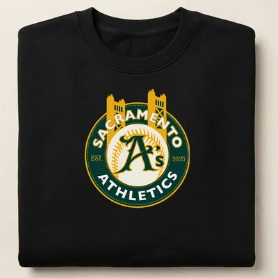Vintage circular Sacramento A's logo with established year 2025 in green and yellow — printed on a unisex sweatshirt
