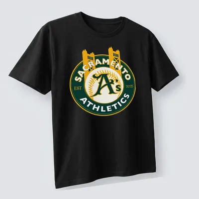 Vintage circular Sacramento A's logo with established year 2025 in green and yellow — printed on a unisex t-shirt (angled view)