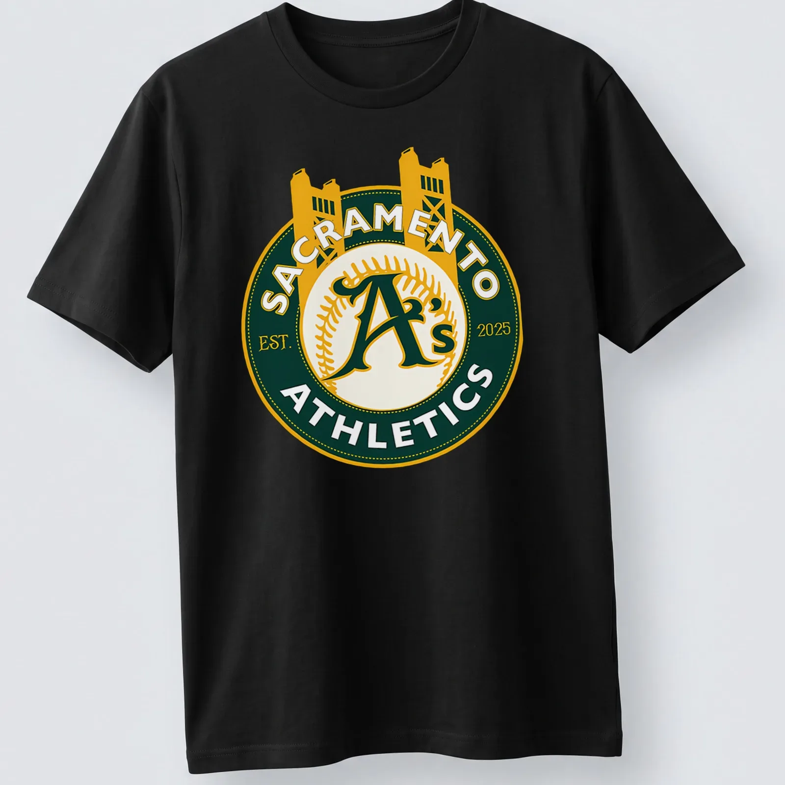 Vintage circular Sacramento A's logo with established year 2025 in green and yellow — printed on a unisex t-shirt