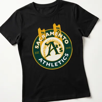 Vintage circular Sacramento A's logo with established year 2025 in green and yellow — printed on a women's shirt