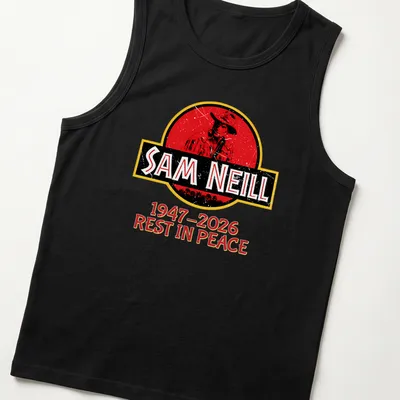 Vintage distressed tribute t-shirt with Sam Neill's name and dates. — printed on a tank top