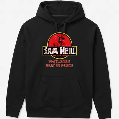 Vintage distressed tribute t-shirt with Sam Neill's name and dates. — printed on a unisex hoodie