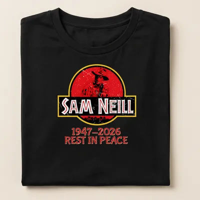 Vintage distressed tribute t-shirt with Sam Neill's name and dates. — printed on a women's shirt