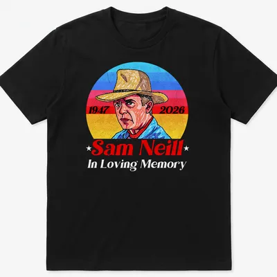 Vintage portrait tribute to Sam Neill with 1947 and 2026 dates in blue, red, yellow, and white.