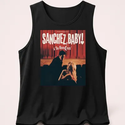Vintage styled Sanchez, Baby! T-shirt with playful text and heart design — printed on a tank top