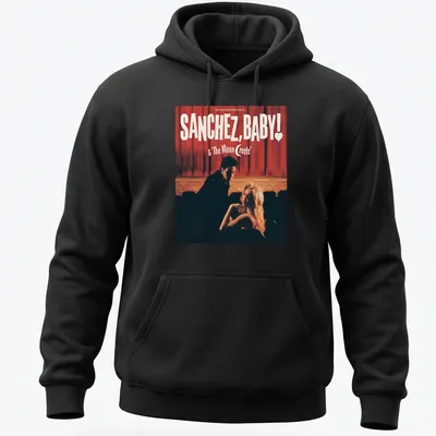 Vintage styled Sanchez, Baby! T-shirt with playful text and heart design — printed on a unisex hoodie
