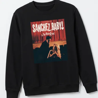 Vintage styled Sanchez, Baby! T-shirt with playful text and heart design — printed on a unisex sweatshirt