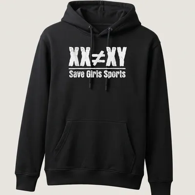 Bold typography on a black shirt stating 'XX Does Not Equal XY Save Girls Sports' in white — printed on a unisex hoodie