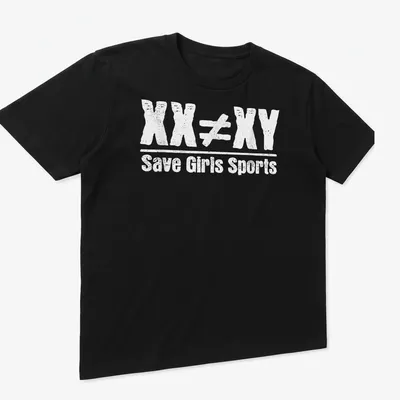 Bold typography on a black shirt stating 'XX Does Not Equal XY Save Girls Sports' in white — printed on a unisex t-shirt (angled view)