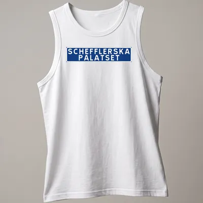 Bold typography print of Schefflerska Palatset in blue and white — printed on a tank top