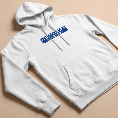Bold typography print of Schefflerska Palatset in blue and white — printed on a unisex hoodie