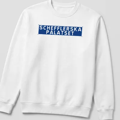 Bold typography print of Schefflerska Palatset in blue and white — printed on a unisex sweatshirt