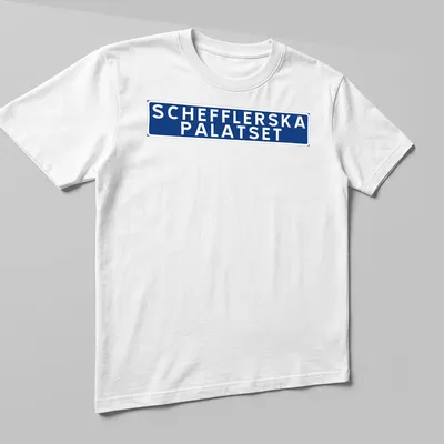 Bold typography print of Schefflerska Palatset in blue and white — printed on a unisex t-shirt (angled view)