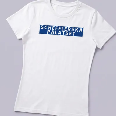 Bold typography print of Schefflerska Palatset in blue and white — printed on a women's shirt
