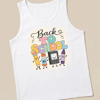 Kawaii style T-shirt featuring school supply characters and 'Back To School' text — printed on a tank top