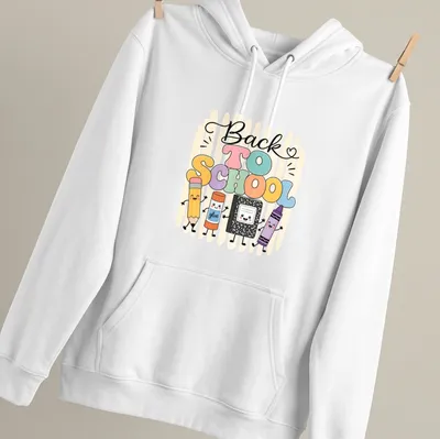 Kawaii style T-shirt featuring school supply characters and 'Back To School' text — printed on a unisex hoodie