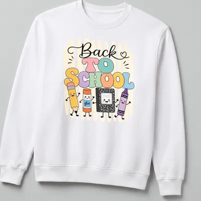 Kawaii style T-shirt featuring school supply characters and 'Back To School' text — printed on a unisex sweatshirt