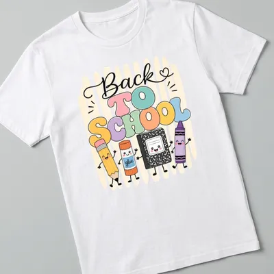 Kawaii style T-shirt featuring school supply characters and 'Back To School' text