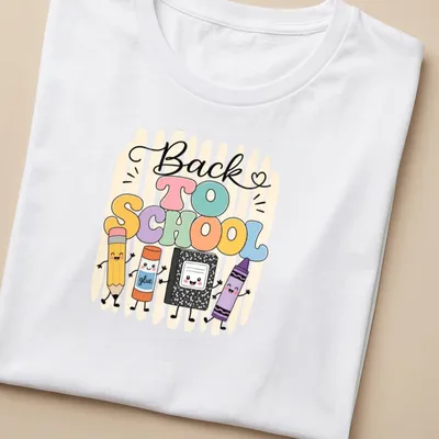 Kawaii style T-shirt featuring school supply characters and 'Back To School' text — printed on a women's shirt