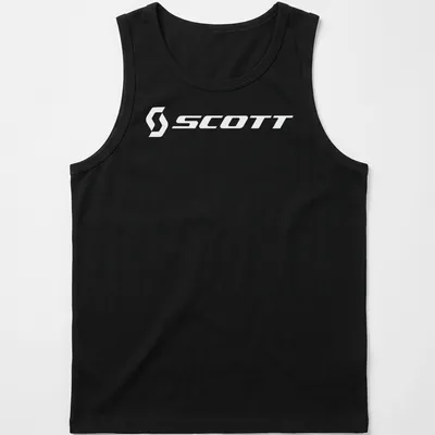 Minimalist Scott Bike Logo T-shirt in white typography — printed on a tank top