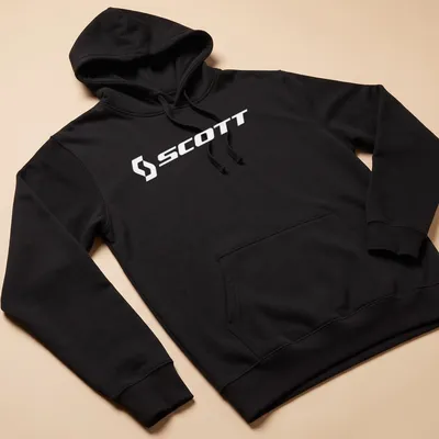 Minimalist Scott Bike Logo T-shirt in white typography — printed on a unisex hoodie