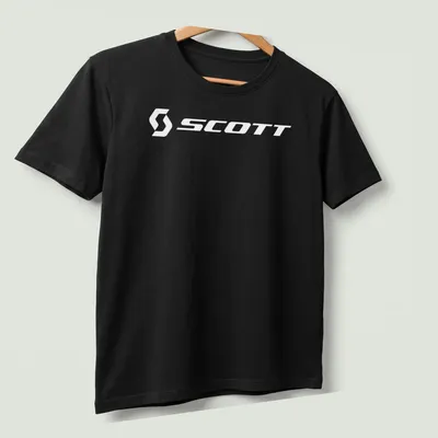 Minimalist Scott Bike Logo T-shirt in white typography — printed on a unisex t-shirt (angled view)