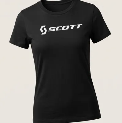Minimalist Scott Bike Logo T-shirt in white typography — printed on a women's shirt