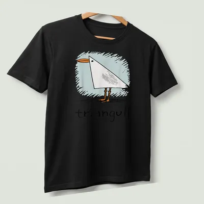 Kawaii illustration of a seagull with the pun 'triangull' in light colors — printed on a unisex t-shirt (angled view)