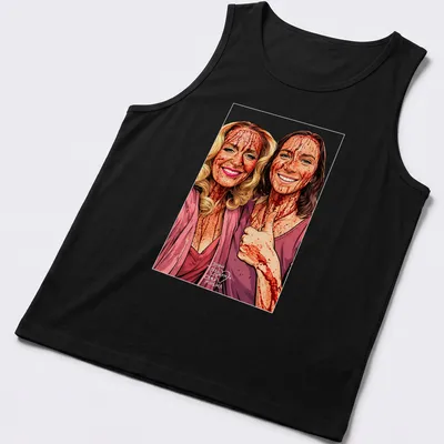 Fan art t-shirt featuring Hannah Einbinder and Gillian Anderson with colorful text. — printed on a tank top