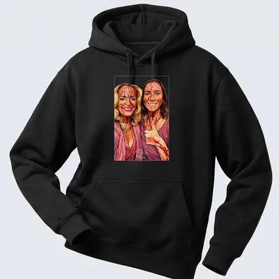 Fan art t-shirt featuring Hannah Einbinder and Gillian Anderson with colorful text. — printed on a unisex hoodie