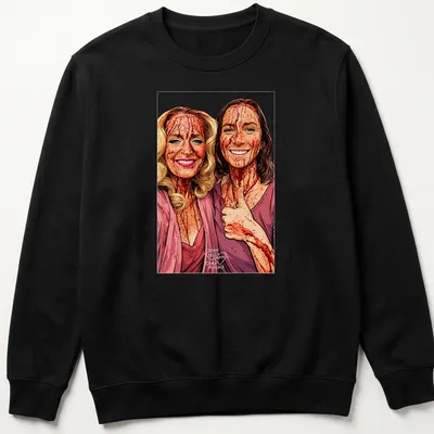 Fan art t-shirt featuring Hannah Einbinder and Gillian Anderson with colorful text. — printed on a unisex sweatshirt